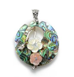 Handmade Jewellery Round Paua Abalone Shell Pendant with Yellow and Pink Flowers Unique Jewellery 5 Pieces7608830