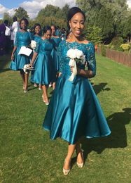 Elegant Tea Length Country Style Bridesmaid Dresses 2021 with Half Sleeve Teal Satin Short Formal Wedding Guest Party Gowns Under4181906