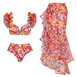 Women's Swimwear 3D Floral Two Pieces Bikini Print Women Swimsuit 2024 High Waist And Sarong Biquini Separate Beach Bathing Suit