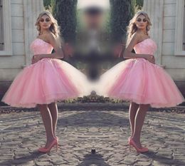 Gorgeous Pink Strapless Short Prom Dresses Lace Up Appliques Beads Evening Gowns Tulle Knee Length Homecoming Party Dress Formal W9999247