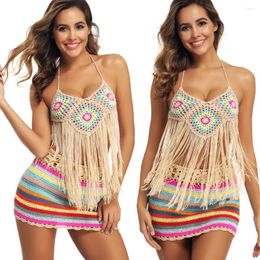 Women's Swimwear Fashion Women Crochet Colorful Stripes Bikini Sexy Off Shoulder Crop Top Short Skirts Swimsuit