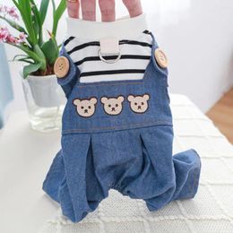 Dog Apparel Romper Patchwork Cartoon Bear Pattern Pet Cat Denim Bodysuit Eye-catching Washable Supplies