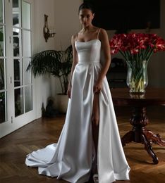 Elegant Long White Spaghetti Straps Wedding Dresses With Split A-Line Satin Vestido de novia Sweep Train Zipper Back Bridal Gowns for Women