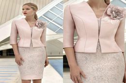 Elegant Pink Mother Of The Bride Dresses With Jacket Lace Appliqued Beads Wedding Guest Dress Knee Length Flower Formal Mother Out8805242