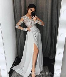 2019 V Neck Long Sleeves Prom Dress A Line Split Formal Holidays Wear Graduation Evening Party Gown Custom Made Plus Size4450899