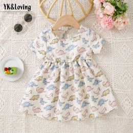 Girl's Dress 2024 New Little Girl Fashionable Children's Print Dinosaur Princess Dress Girl Baby Summer Dress