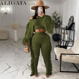 Women's Two Piece Pants Aligaia Knitted Sweater And Matching Set For Women Casual Tassels Sexy Outfits Fashion Winter Wholesale 2024 2 Pcs