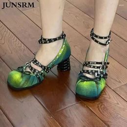 Dress Shoes Street Style Niche Single Female 2024 Fall Daily Round Head Shallow Thick Heel Rivet Belt Buckle Design Women