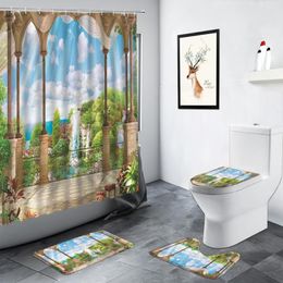 Shower Curtains Ocean Garden Scenery Curtain Set Green Plant Creative Oil Painting Home Decor Bathroom Non-slip Rug Bath Mat Toilet Cover