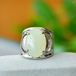 Cluster Rings Natural Hetian Jade Ring Gemstone Silver Plating Fashion Women Gifts Jewellery Luxury Trend 2024 Metal Jewelrys