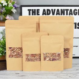 Gift Wrap 10Pcs Kraft Paper Bag With Clear Window Food Nut Tea Dustproof Packaging Pouches Self Sealing Zipper Stand Up Bags