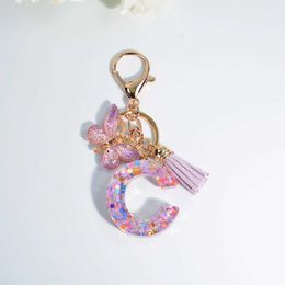 Keychains Lanyards Exquisite A-Z 26 letter resin butterfly keychain purple snowflake sequin filled letter keyring car keychain pendant