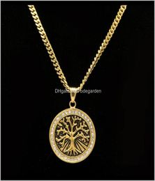 Necklaces Retro Tree Of Life Iced Out Cz Crystal Gold Plated Pendant Stainless Steel With 5Mm 27Inch Cuba Chain Necklace Fashion J4698802