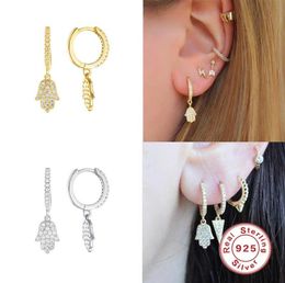 Hoop Huggie GS 925 Sterling Silver Earrings With Cute Small Palm Shape Cubic Zirconia Charm Dangle Drop Earring Gold Colour For W9107911