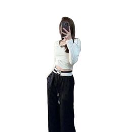 Women elastic waist logo letter flocking satin fabric loose wide leg long desinger pants SMLXL