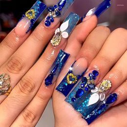 False Nails 24PCS/BOX Gradient Blue Fake Nail Explosion Glitter Diamond Manicure Tools Full Coverage Press-on Pieces