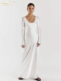 Clacive Sexy Slim White Satin Dress Ladies Bodycon UNeck Long Sleeve Ankle Length Elegant Simple Dresses For Women 240415