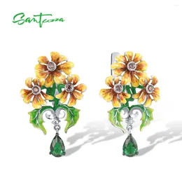 Dangle Earrings SANTUZZA Authentic 925 Sterling Silver Drop For Women Gorgeous Green Stones Enamel Yellow Flower Trendy Fine Jewellery