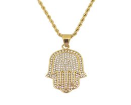 hip hop Hamsa diamonds pendant necklaces for men women Hand of Fatima Amulet Ethnic luxury necklace Stainless steel Cuban chains j1645006
