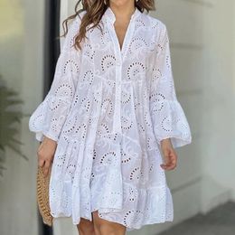 Summer Casual Women Lace Dress Elegant Vneck Loose Hollow Embroidery White Vintage Beach Sexy Mini Dresses 27725 240415
