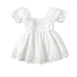 Girl Dresses Summer Born Baby Short Sleeve Lace Dress Solid Color Hollow Out Ruffles Decor Sweet Casual Simple Clothes