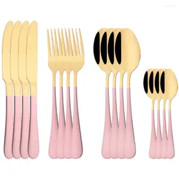 Dinnerware Sets 16Pcs Pink Gold Mirror Cutlery Set Knives Forks Coffee Spoon Flatware Stainless Steel Silverware Tableware