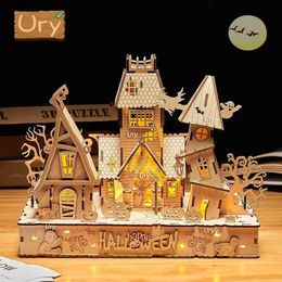 3D Puzzles URY New 3D Halloween Haunted House Wooden Puzzle Ghost Tree Light DIY Model Craft Kits Desk Decoration Toys Gift for Kids Y240415