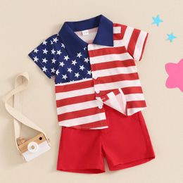 Clothing Sets FOCUSNORM 0-4Y Little Boys Independence Days Clothes Star Striped Print Short Sleeve Button Down Shirts Shorts