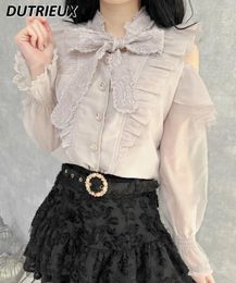 Women's Blouses Japanese Style Sweet Lace-up Long Sleeve Off-Shoulder Tops Special-Interest Design Solid Colour All-Matching Bottoming Shirt