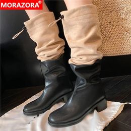 Boots MORAZORA 2024 Mixed Colors Genuine Leather Autumn Cool Elastic Band Knee High Square Med Heels Women Shoes