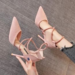 2024 Cross-strap Roman Sandals Suede High Heels Womens Shoes One-line Buckle Fine Heel Pointed Sandals Zapatos De Mujer 240415