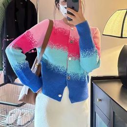 Korean Version of Autumn New Gradient Contrasting Knitted Cardigan with Soft Sticky Design, Niche and Versatile Sweater for Women's Outerwear