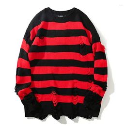 Men's Sweaters Presale ! Stripe Ripped Sweater Men Pullover Hole Knit Jumpers Oversized Sweatshirt Long Sleeve Tops