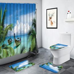 Shower Curtains Palm Leaves Boat Ocean Landscape Summer Beach Scenery Bathroom Decor Non-slip Carpet Toilet Cover Bath Mats Set