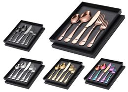 Upscale 5pcsset Tableware Set Rose Golden Spoon Fork Knife Dinnerware Set Black Flatware Sets Colourful Rainbow Gold Cutlery Box3059392