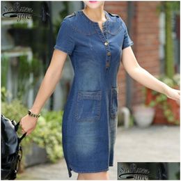 Basic & Casual Dresses 2021 Jean Dress Plus Sizes V-Neck Solid Denim Summer Women Sundresses Short Sleeves Loose Clothing 176A 25 Dro Dhpg1