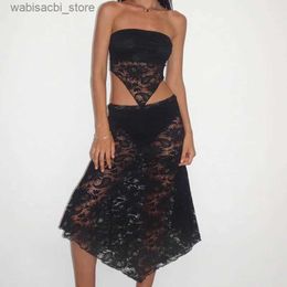 Sexy Skirt hirigin Beach Style 2 Piece Set Women Vintage Floral Lace Sheer Midi Skirt + Chest Wrap Strapless Tube Tops Party Matching Set L49