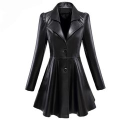 Women039s Leather Faux Leather Women s Jackets Nerazzurri Fit and flare faux leather coat notched lapel long sleeve puff Skirte7313023