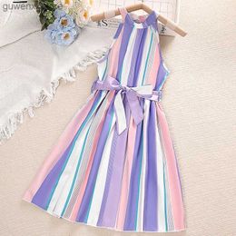 Girl's Dresses Summer 8-12Y Girls Long Skirt Polyester Crewneck Sleeveless Striped Lace-up A-line Dress Comfortable Y240415