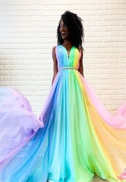 Rainbow Gradient Prom Evening Dresses Wear Pleated Beaded Sashes Aline Ombre Formal Dress Party Gowns Bridesmaid Special Occasion3433207