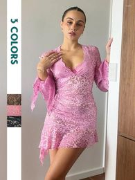 Casual Dresses Women Y2K Lace Mini Dress Pagoda Sleeve Deep V Neck Slim A-line Short Sexy See Through Party Club Bodycon Fairy