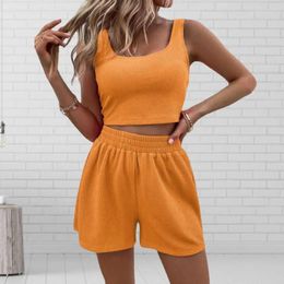 Women's Tracksuits Womens Summer 2 Piece Outfits Knitted Sets Sleeveless Square Neck Crop Top Tank High Waisted Shorts Waffle Lounge Set