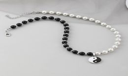 Chokers Round Pearl Beads Yin Yang Taichi Pendant Stainless Steel Chain Unisex Necklace Couple Jewelry Women Mens2906217