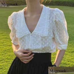 Women'S Blouses & Shirts Summer Hollow Flower Lace Blouse Women Korean Chic Puff Short Sleeve Woman Shirt Peter Pan Collar Solid Loos Dhjx9