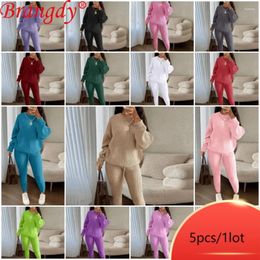 Women's Two Piece Pants 5pcs Bulk Items Wholesale Lots Knit O Neck Pant Suit Long Sleeve Sets For Women Casual Tracksuits Sexy Elastic Y2k