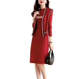 Casual Dresses Autumn And Winter 2024 Style Two-Piece Suit Knitted Dress Sleeveless Vest Loose Thin Temperament Over The Knee Sweater