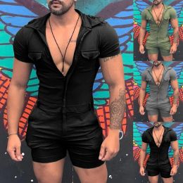 Shorts Mens Summer Jumpsuits Slim Fit Zipper Short Sleeve One Piece Comfy Shorts with Pockets