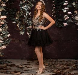 Black Gold Lace Homecoming Dress Knee Length Short Prom Dress A Line Custom Size Cocktail Evening Party Gowns4055268