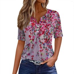 Women's T Shirts Fashion Floral Shirt For Women Short Sleeve Tops Flower Print Graphic V Neck Button Blouses Summer Ladies Clothes