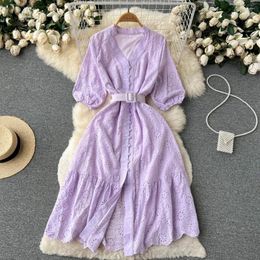 Casual Dresses Spring Summer Women V-Neck Three Quarter Sleeve Belt Slim Single-breasted Long Dress Vintage Embroidery Cotton Blend